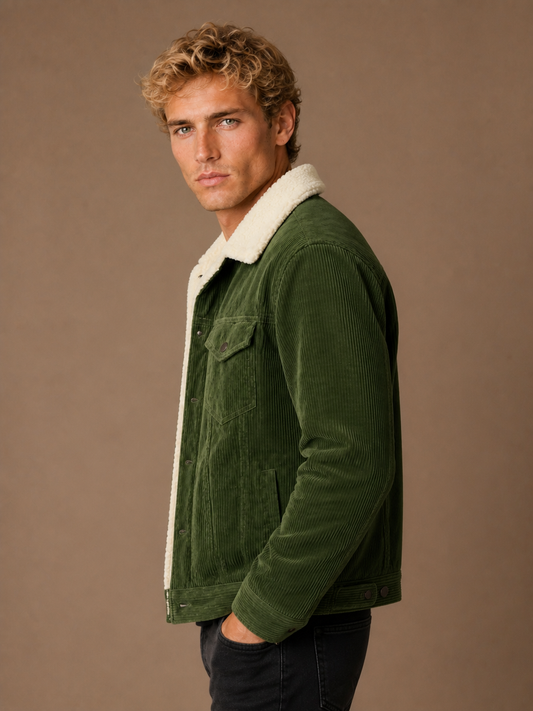 Men's Fleece Lined Corduroy Jacket - Sherpa Plush Winter Coat - Green - Side View [AI-OPT:50883064-ad76-48d1-8e1a-3ea7a046ce14]