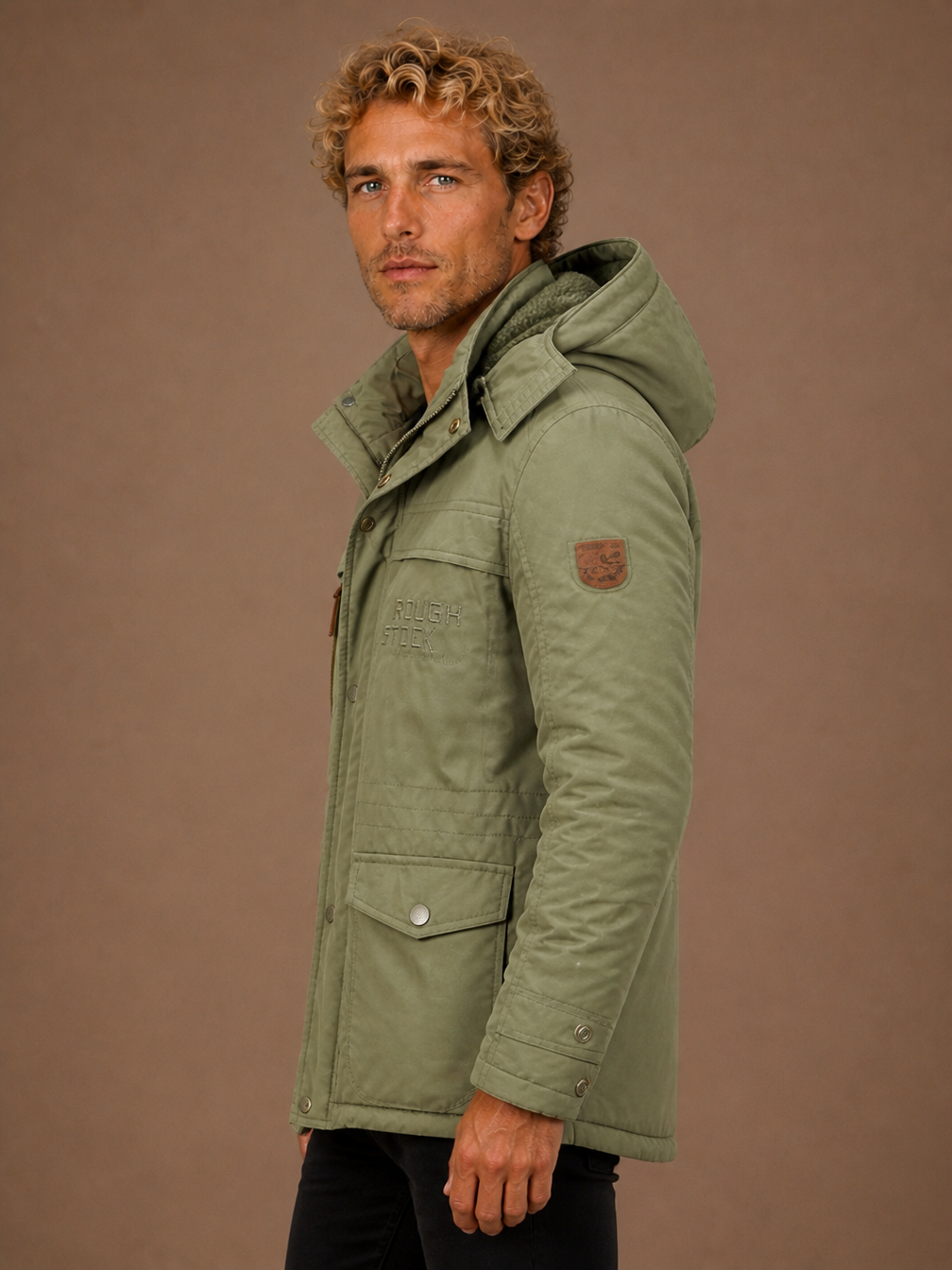 Men's Winter Parka with Hood, Padded Lining and Multiple Pockets - Green - Side View [AI-OPT:65e36cf0-5079-4c5c-a676-db26901ee241]