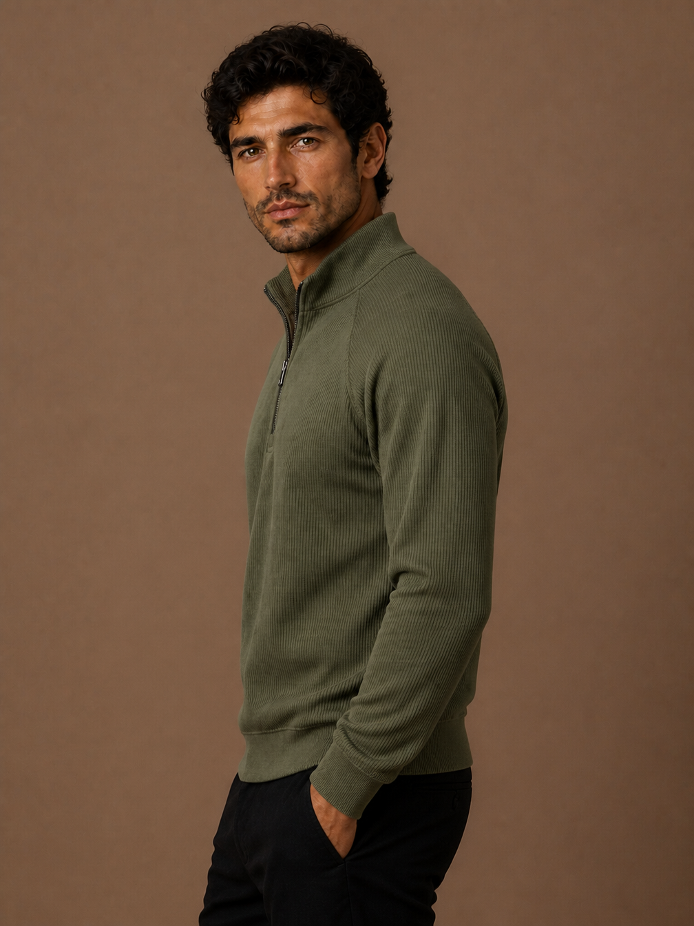 Men's Quarter-Zip Fleece Sweatshirt with Stand Collar- Ribbed Texture Zipper Jumper - Green - Side View [AI-OPT:7766a7f6-d14b-40bc-b740-4cac94358a35]