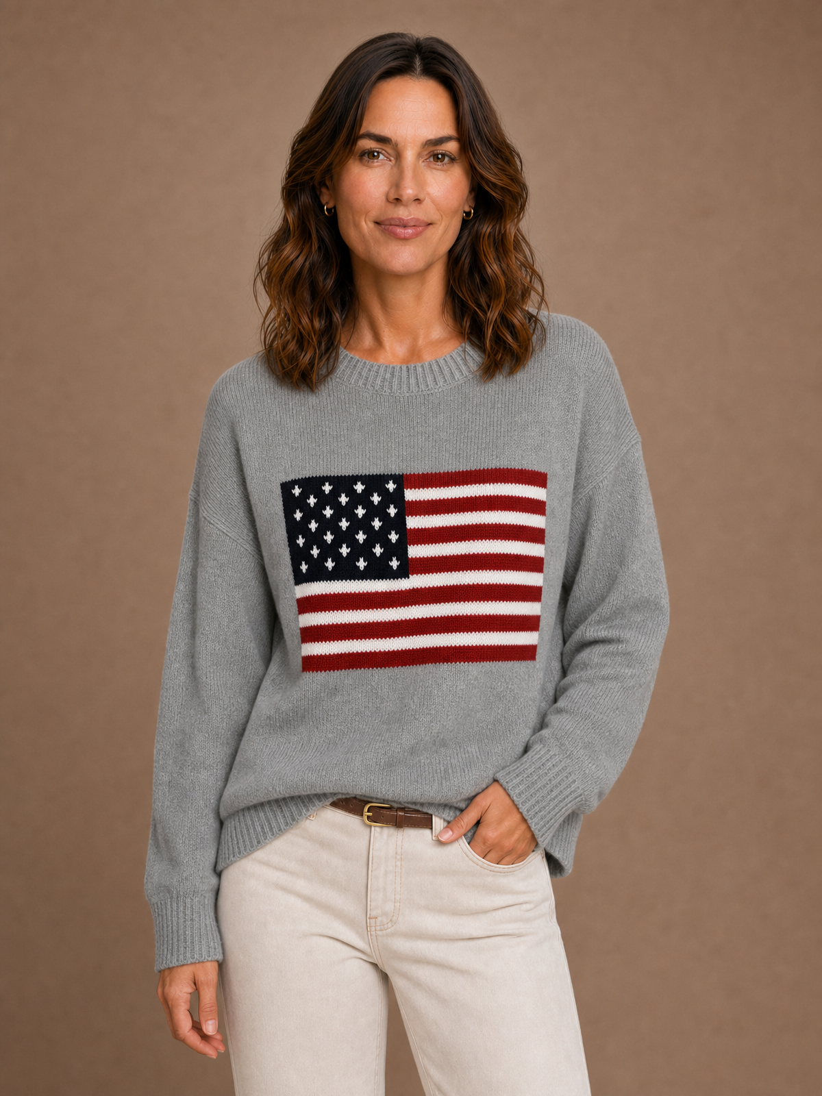 Women's American Flag Sweater - Crew Neck Long Sleeve Pullover - Grey