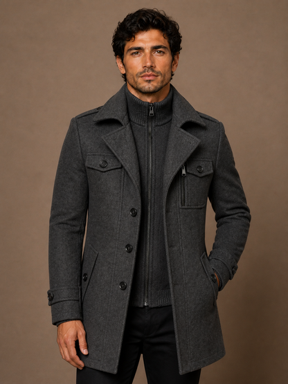 Men’s Wool Overcoat – Longline Structured Fit Winter Jacket - Grey