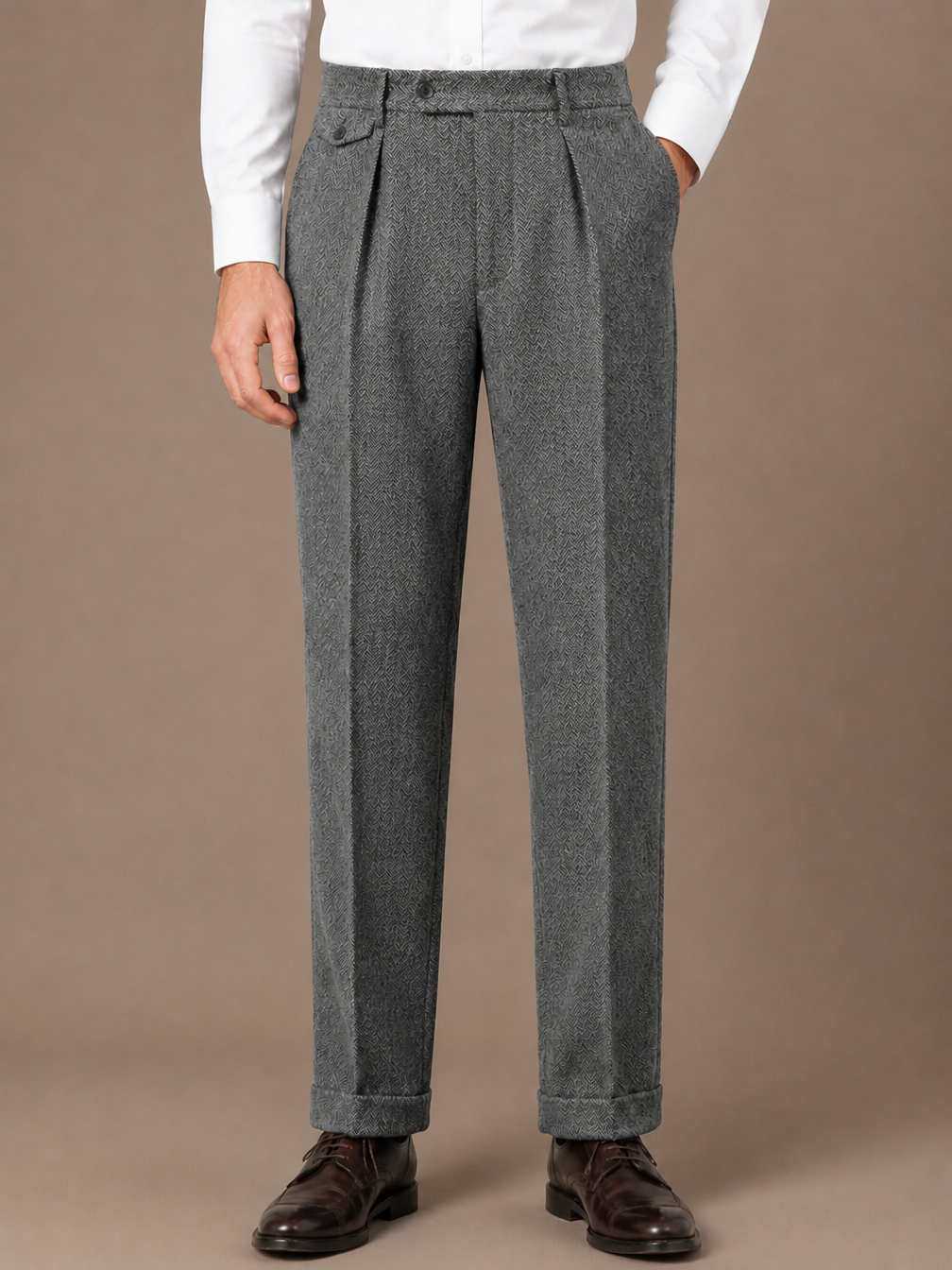 Men's Herringbone Pleated Tailored Trousers Straight Leg Smart Fit - Grey
