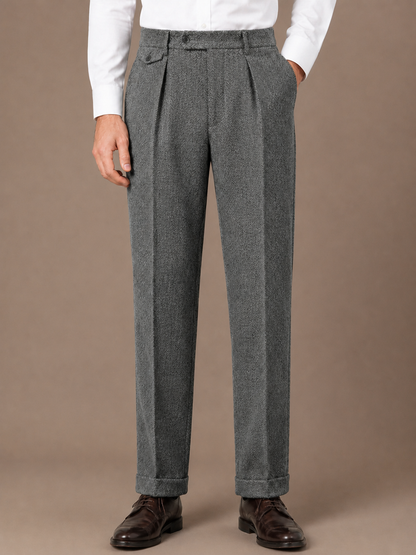 Men's Herringbone Pleated Tailored Trousers Straight Leg Smart Fit - Grey