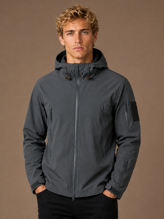 Men's Waterproof Tactical Jacket with Hood - Windproof Softshell Outdoor Coat - Grey