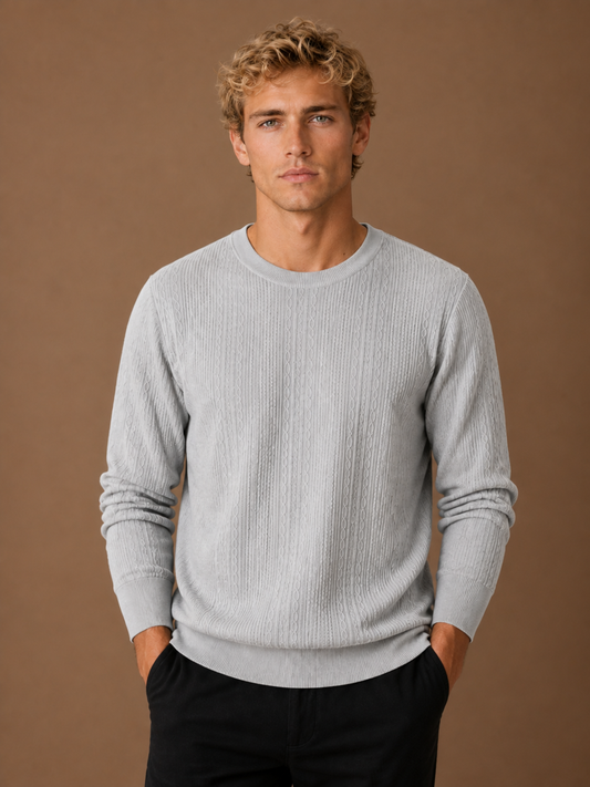Men's Cable Knit Crew Neck Sweater, Regular Fit Textured Pullover - Grey