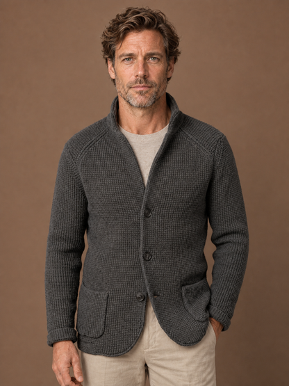 Men's Knitted Cardigan - Button up Knit Sweater with Stand Collar - Grey