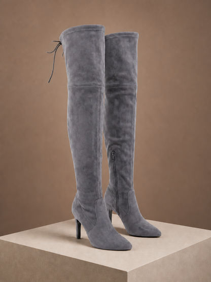 Women's Over-the-Knee Suede Boots with High Heel - Grey