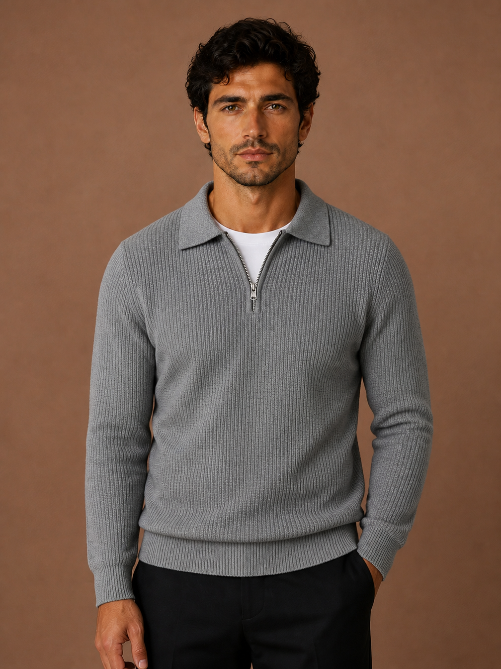 Men's Quarter-Zip Waffle Knit Sweater Fitted Stand Collar Jumper - GREY