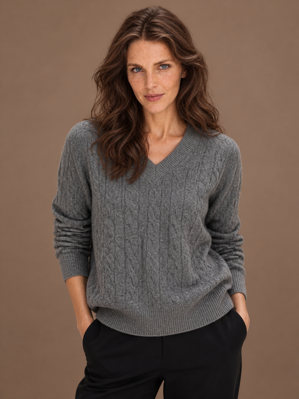 Women's Cashmere-Look V-Neck Pullover Sweater with Twist-Flower Knit Detail - Grey