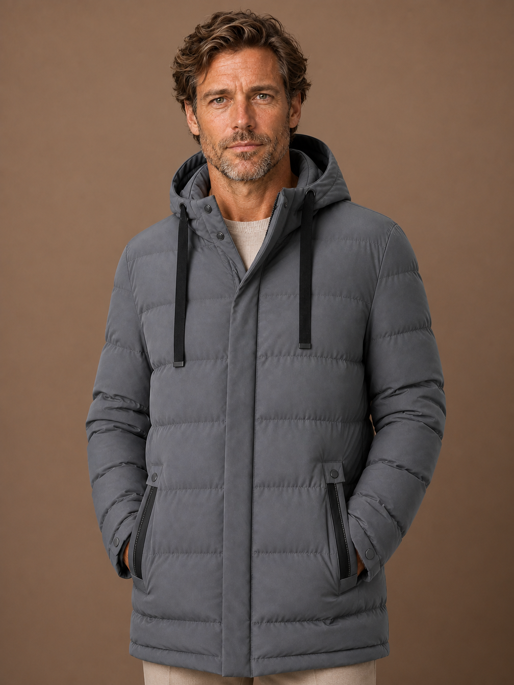 Men's Long Hooded Puffer Jacket Insulated Winter Coat - Grey