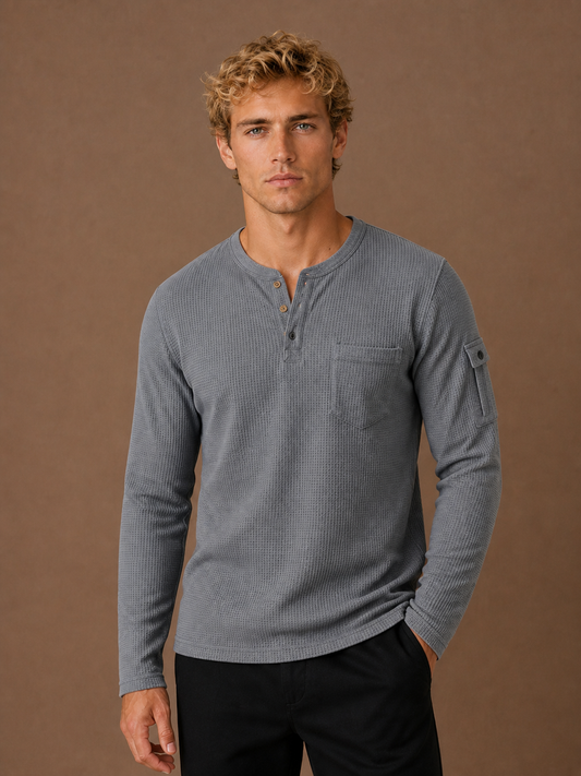 Men's Henley Shirt Waffle Knit Crew Neck Button Placket Casual Top - Grey
