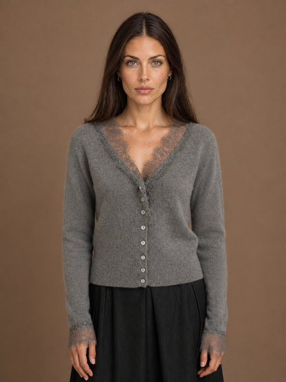 Women's V-Neck Knit Cardigan - Lace Trim Sweater with Button Front - Grey