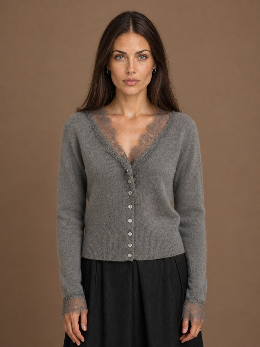Women's V-Neck Knit Cardigan - Lace Trim Sweater with Button Front - Grey