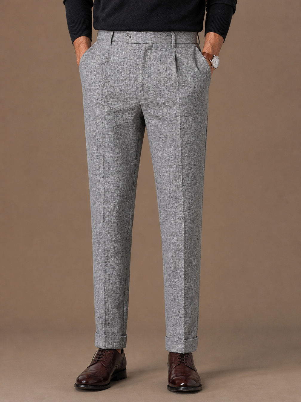 Men’s Tailored Fit Wool Trousers - Slim Fit Knit Pants for Casual Wear and Office - Grey