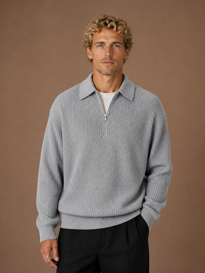 Men's Quarter Zip Sweater Oversized Knit Pullover with Long Sleeves - Grey