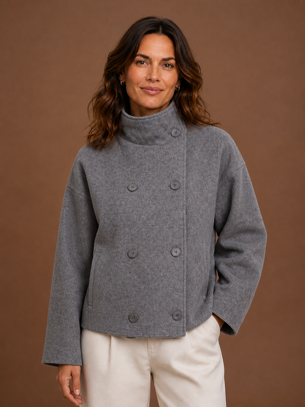 Women's Funnel Neck Jacket - Felt Tailored Winter Loose Pea Coat - Grey