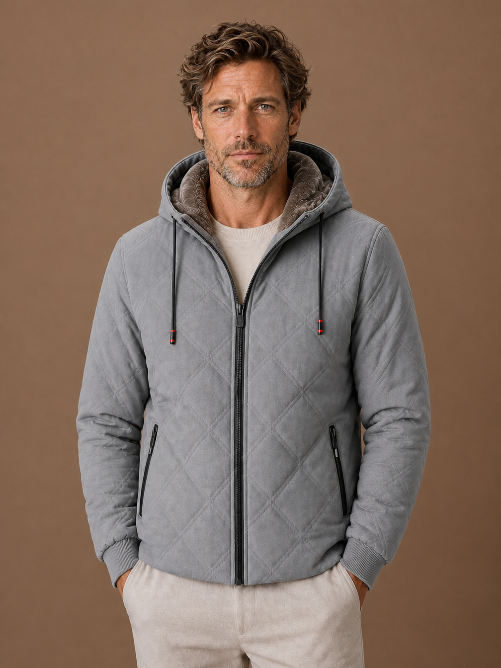 Men's Quilted Puffer Jacket - Hooded Faux-Fur Lined Autumn Winter Coat - Grey