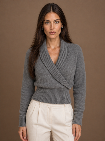 Women's Wrap Sweater with Shawl Collar, V-Neck and Ribbed Knit - Grey