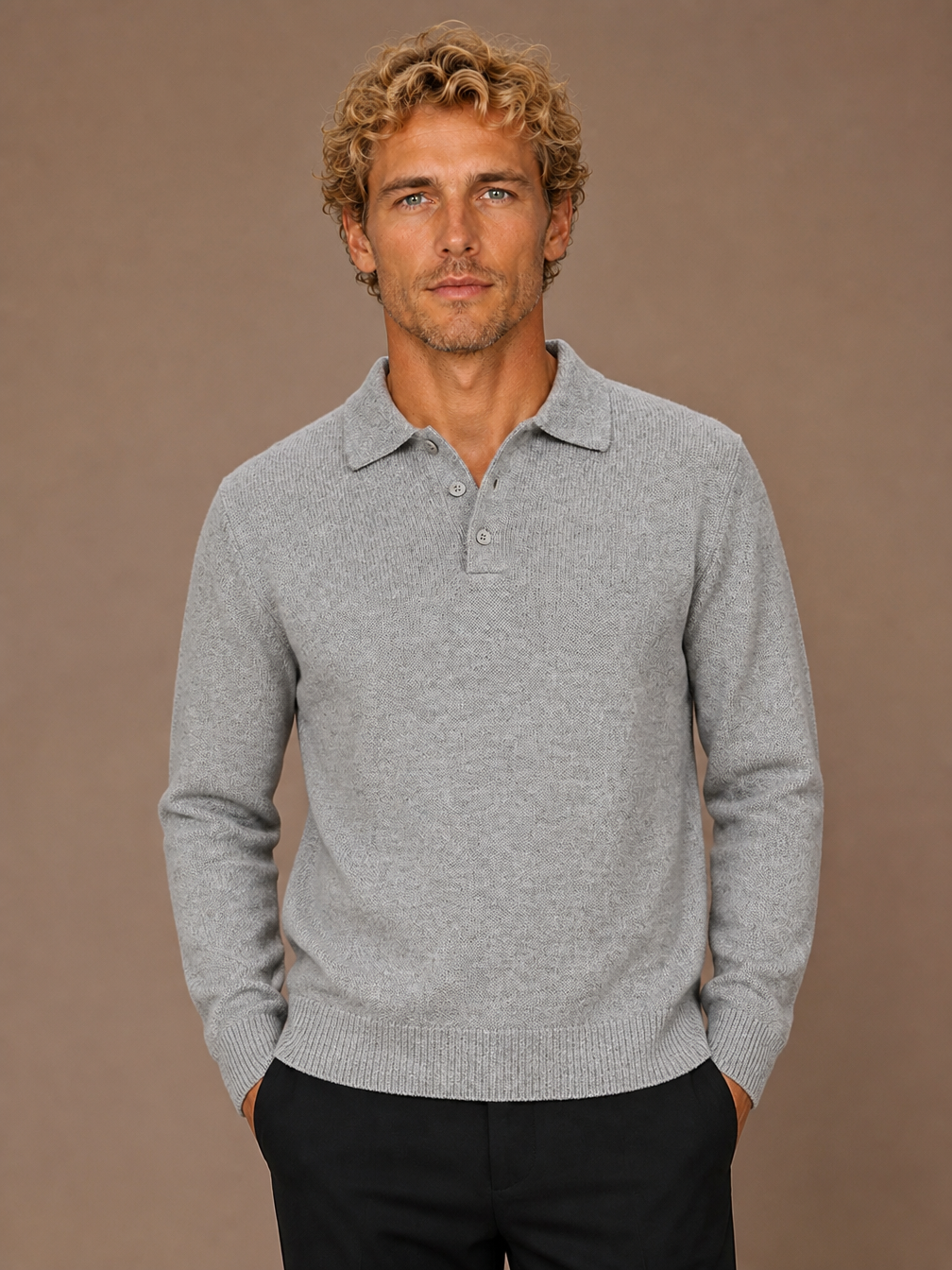 Men's Textured Knit Polo Jumper Relaxed Fit Open Collar Long Sleeve - GREY