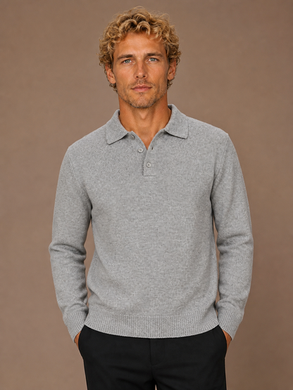 Men's Textured Knit Polo Jumper Relaxed Fit Open Collar Long Sleeve - GREY