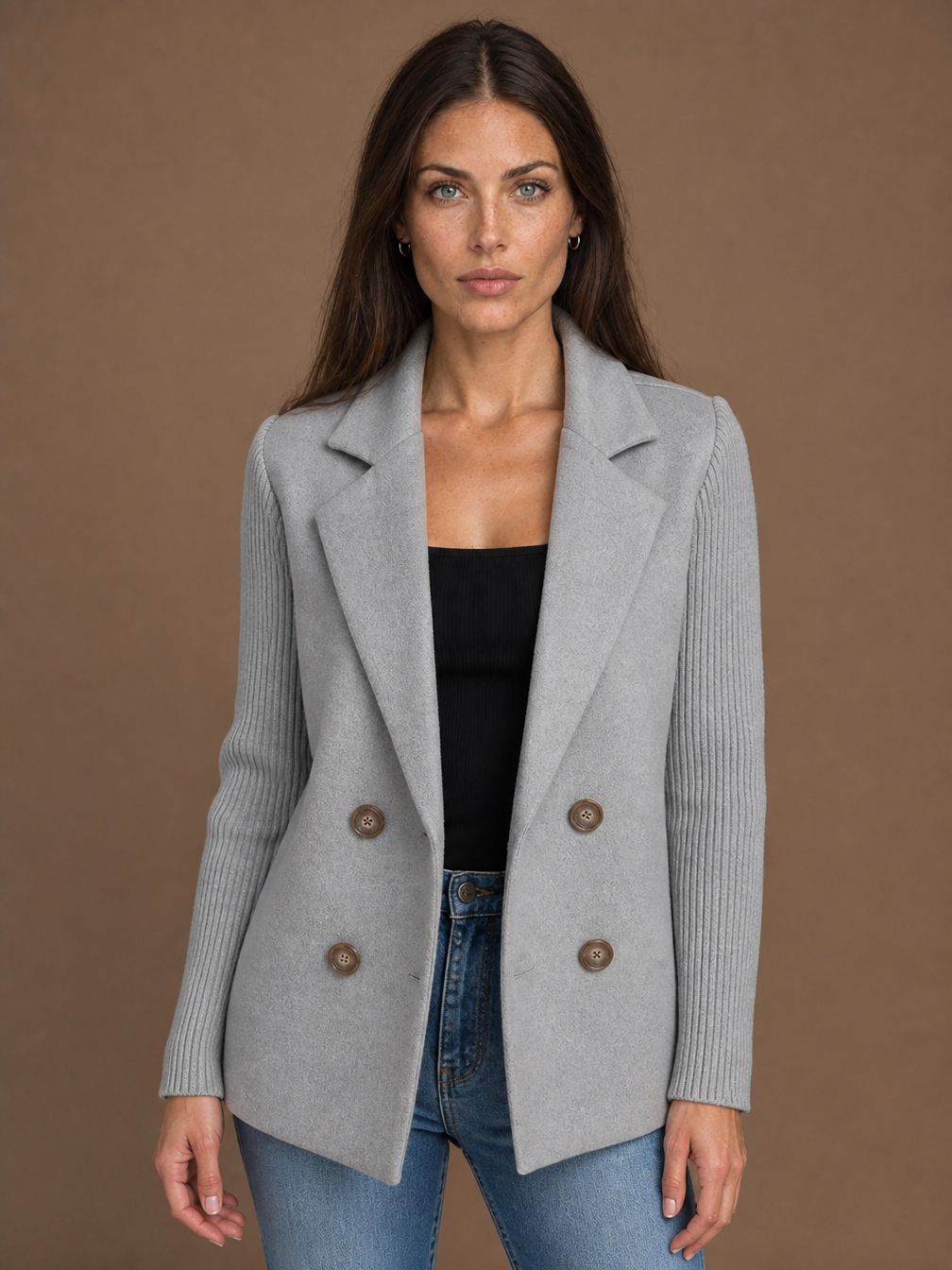 Women's Double-Breasted Blazer - Elegent Knitted Jacket - Grey