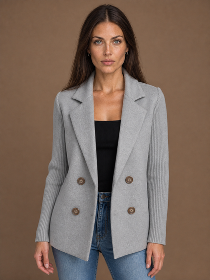 Women's Double-Breasted Blazer - Elegent Knitted Jacket - Grey