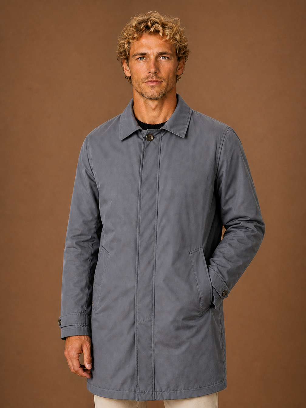 Men's Lightweight Water-Resistant Trench Coat with Concealed Closure - Grey
