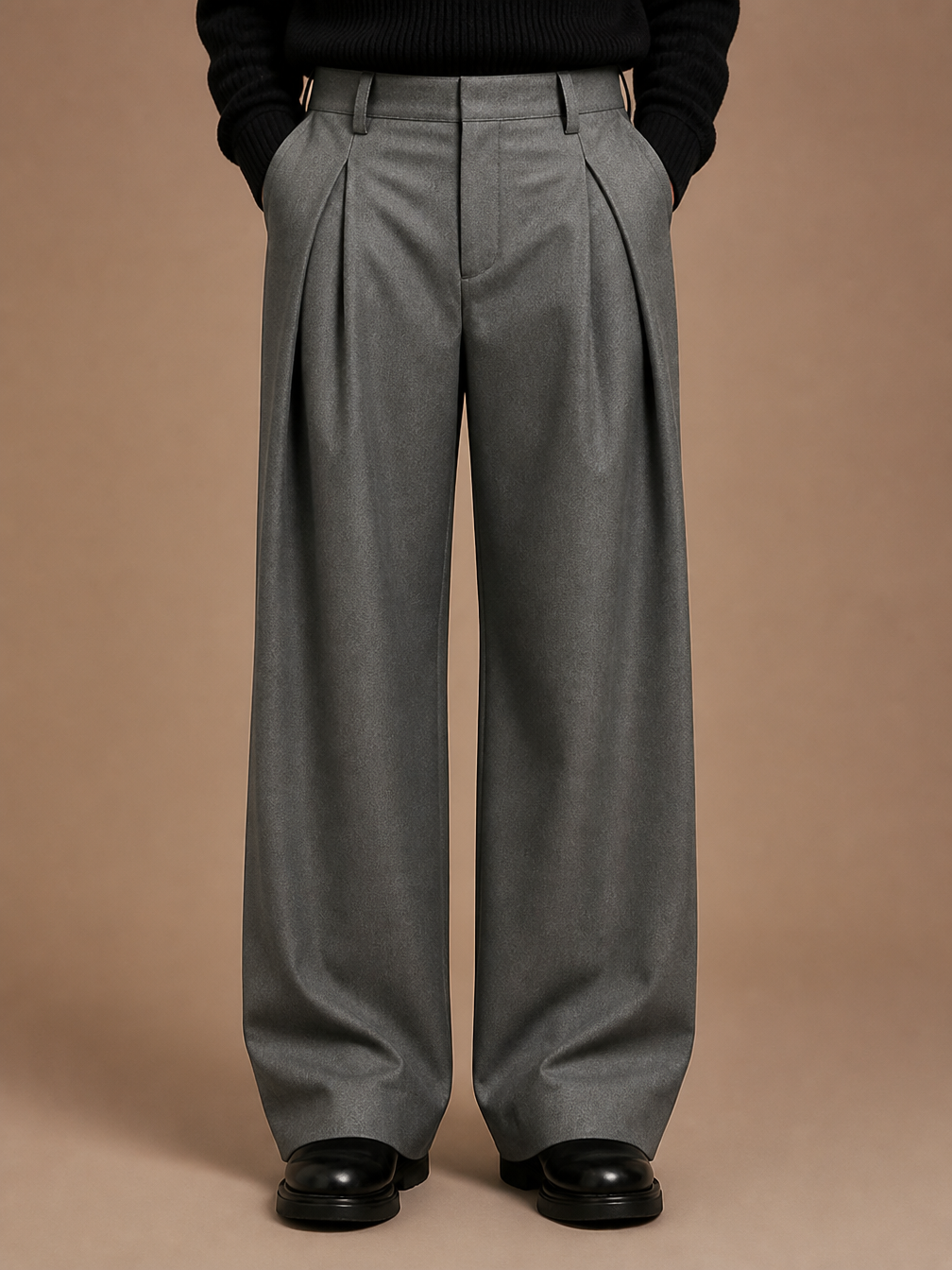 Men's Pleated Trousers High-Waisted Wide-Leg Tailored Pants with Belt Loops - Grey