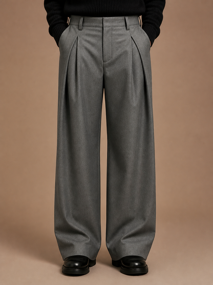 Men's Pleated Trousers High-Waisted Wide-Leg Tailored Pants with Belt Loops - Grey
