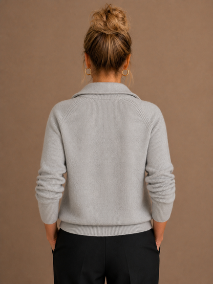 Women's Pure Cashmere Half-Zip Knitted Pullover Sweater with Long Sleeves - Grey - Back View [AI-OPT:98159527-7f69-4462-87db-576165f52e53]