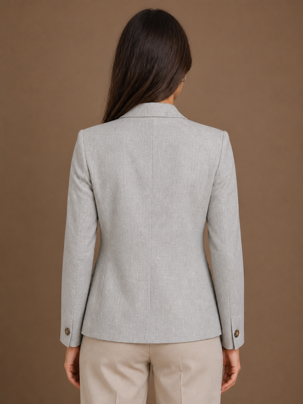Women's Tailored Blazer Grey Single-Button Long-Sleeve Jacket - Grey - Back View [AI-OPT:8fe43809-87a8-4ae2-a6f4-dc8f06d2294c]