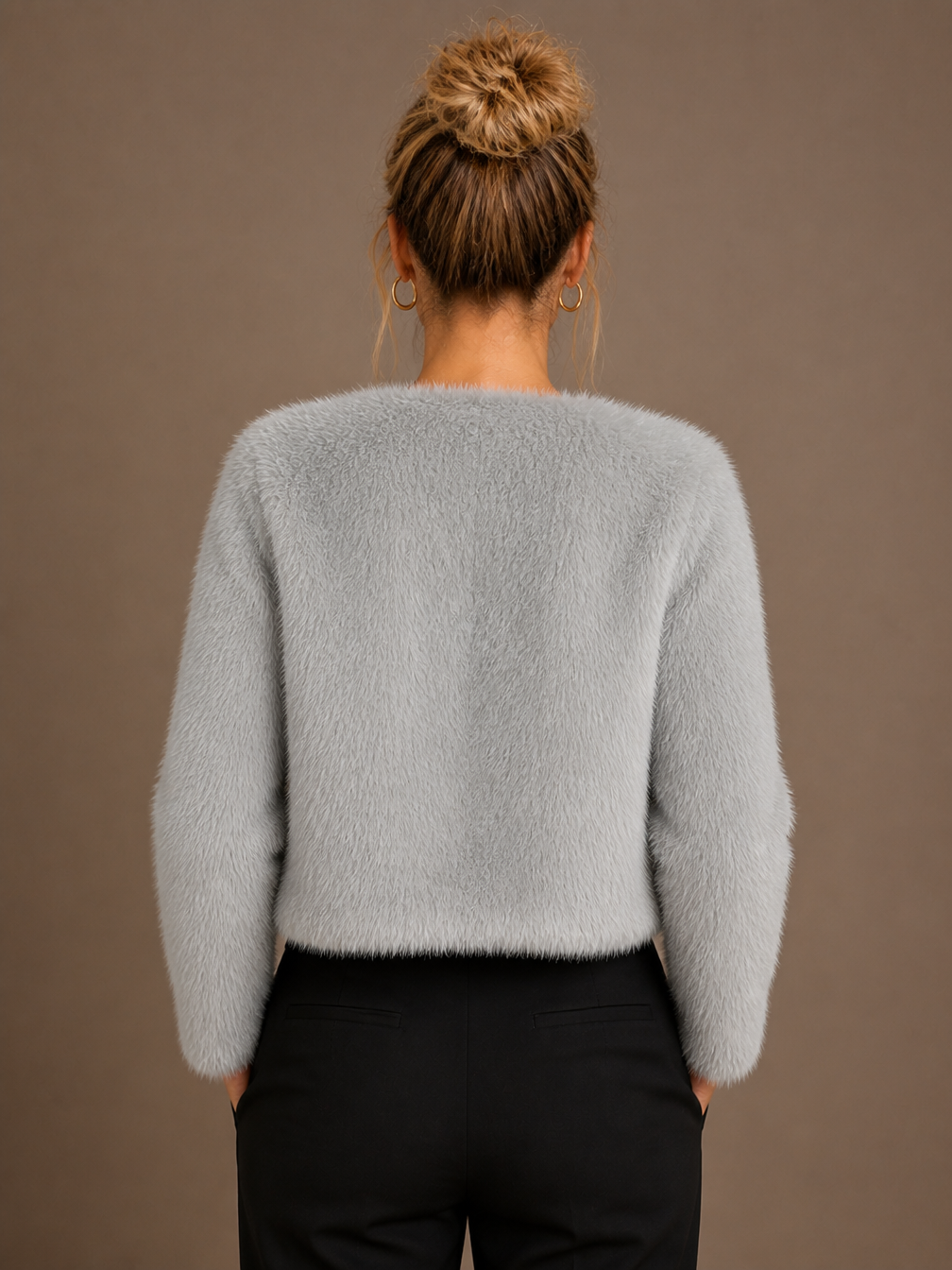 Women's Short Coat Soft Faux Fur Round Neck Straight Cut Ladies Jacket - Grey - Back View [AI-OPT:b0a4fd29-44ea-48f6-8ef3-8cb2828047a8]