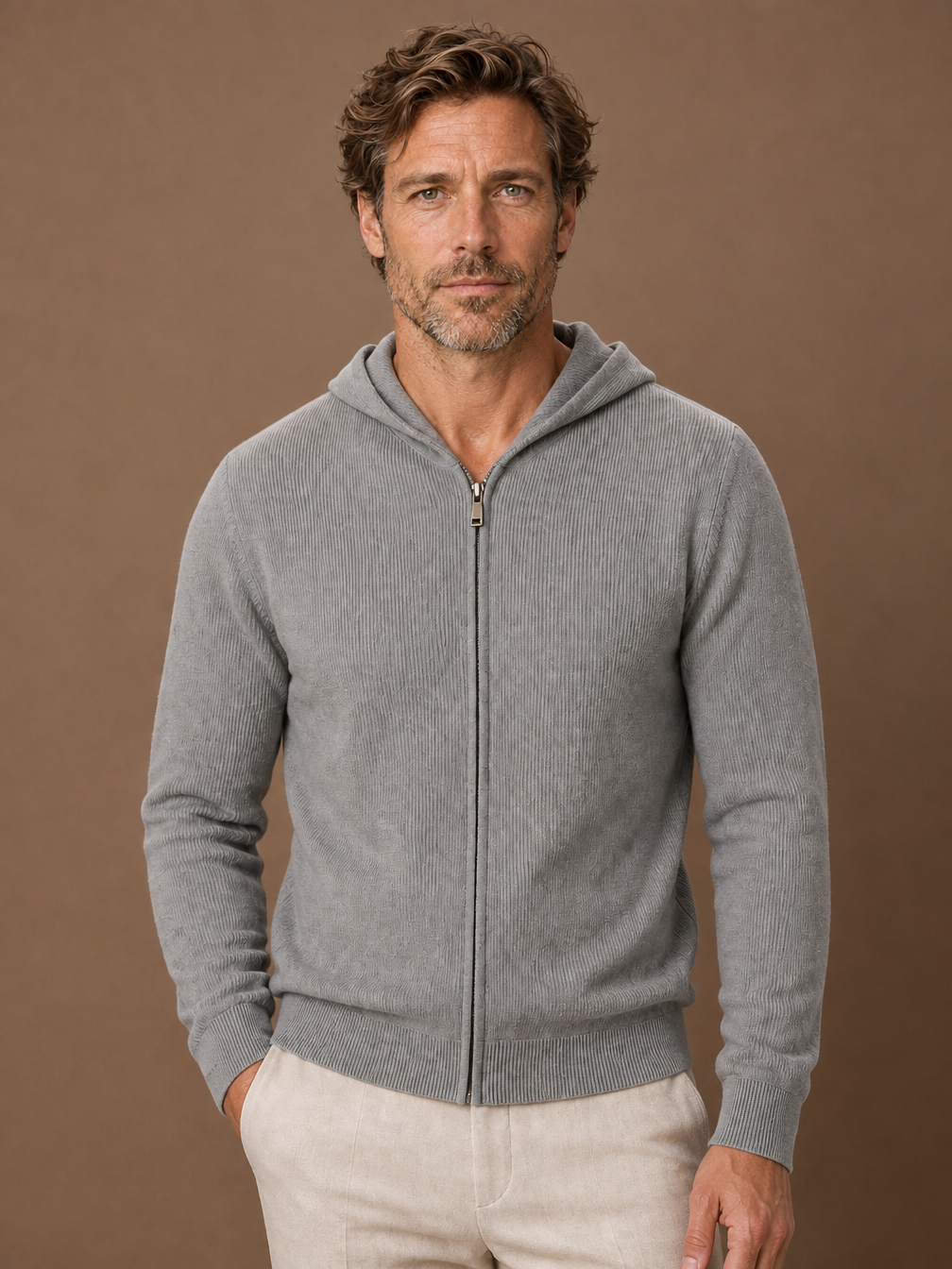 Men's Knit Zip-Up Hoodie Jacket with Full-Zip Front and Long Sleeves - Grey