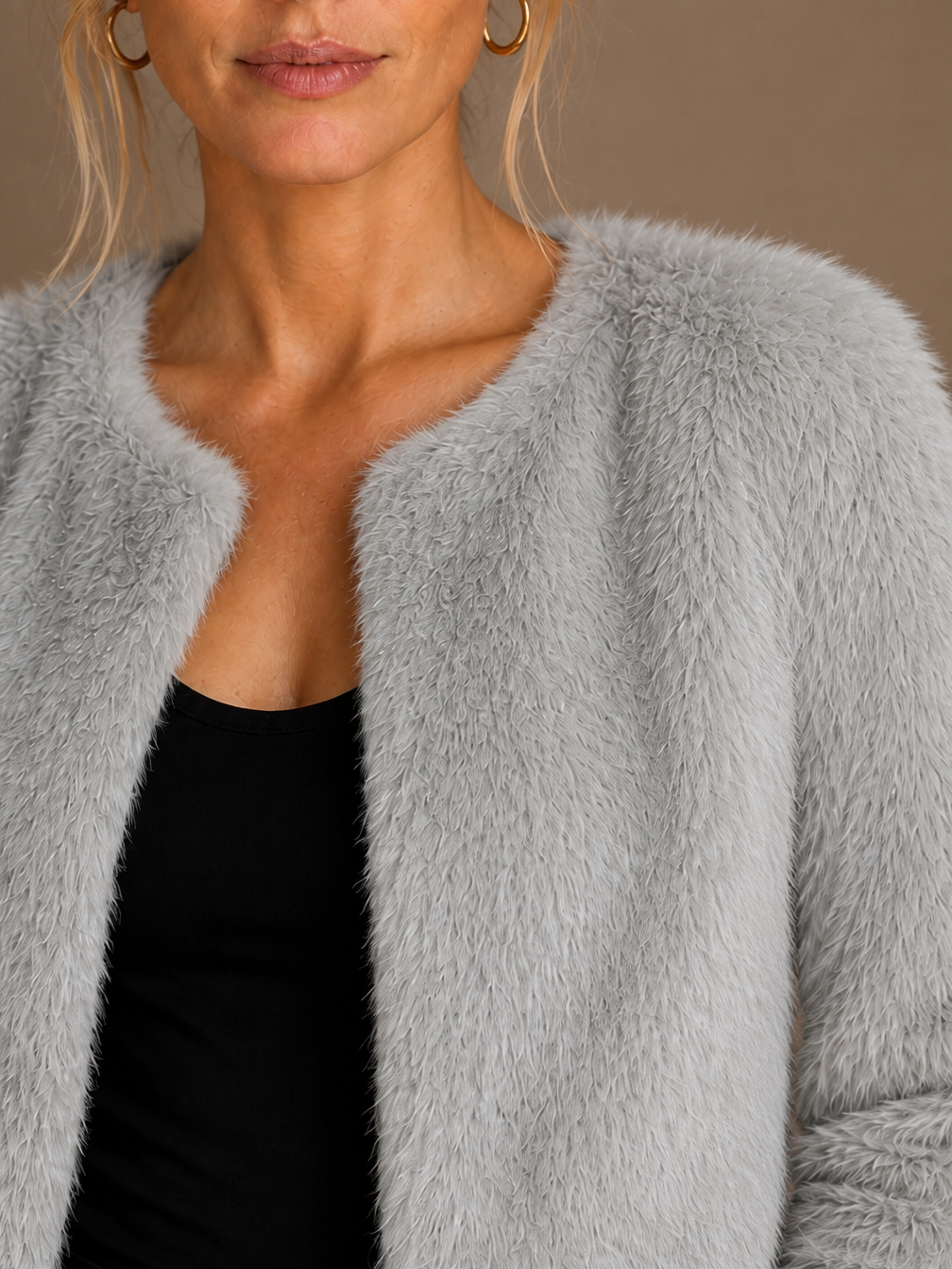 Women's Short Coat Soft Faux Fur Round Neck Straight Cut Ladies Jacket - Grey - Detail Close-Up [AI-OPT:f8277d30-a344-442b-95da-55f6e9b72cb0]