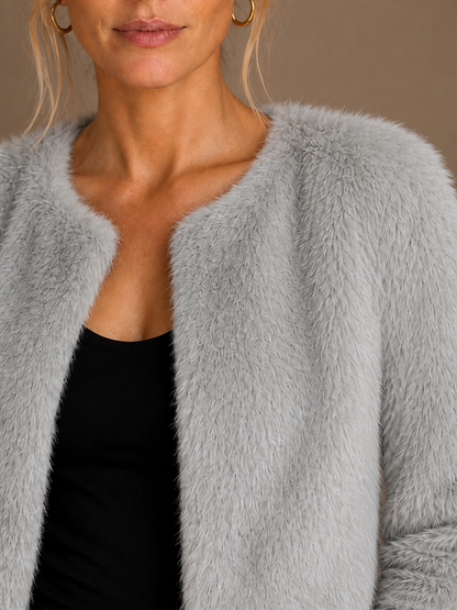 Women's Short Coat Soft Faux Fur Round Neck Straight Cut Ladies Jacket - Grey - Detail Close-Up [AI-OPT:f8277d30-a344-442b-95da-55f6e9b72cb0]