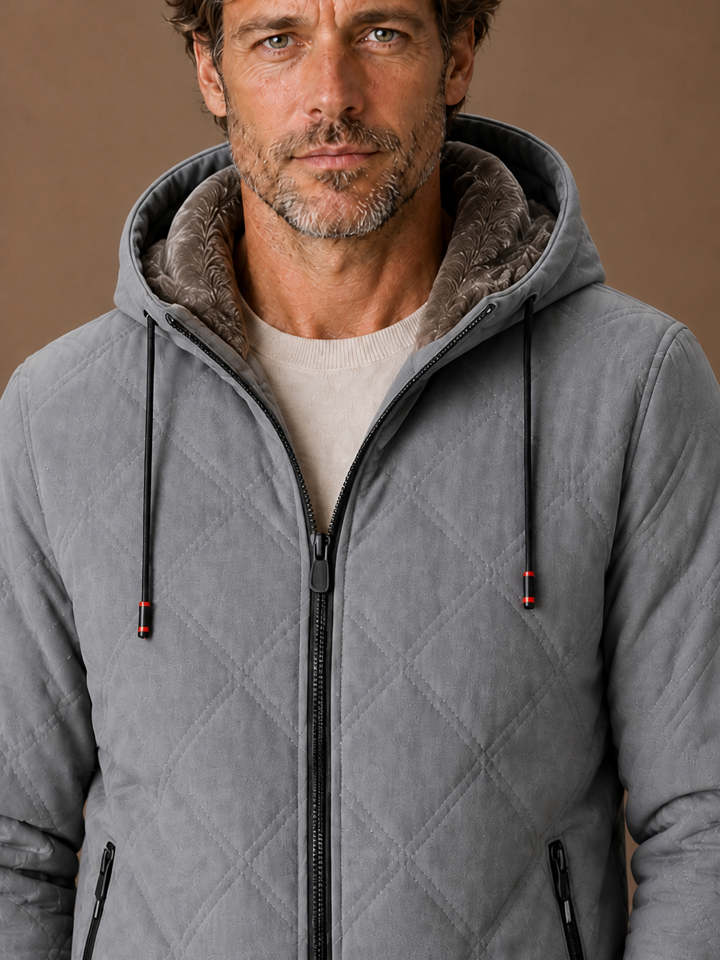 Men's Quilted Puffer Jacket - Hooded Faux-Fur Lined Autumn Winter Coat - Grey - Detail Close-Up [AI-OPT:7a45c179-a2cd-453d-b542-60cb427a870f]