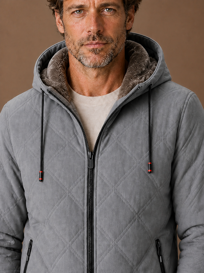Men's Quilted Puffer Jacket - Hooded Faux-Fur Lined Autumn Winter Coat - Grey - Detail Close-Up [AI-OPT:7a45c179-a2cd-453d-b542-60cb427a870f]