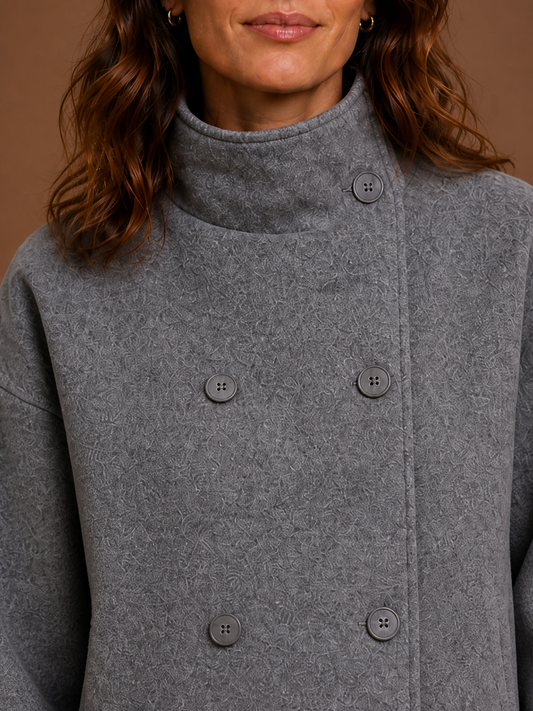 Women's Funnel Neck Jacket - Felt Tailored Winter Loose Pea Coat - Grey - Detail Close-Up [AI-OPT:c68f60f3-cf5e-41f9-b4e7-78900d20da01]