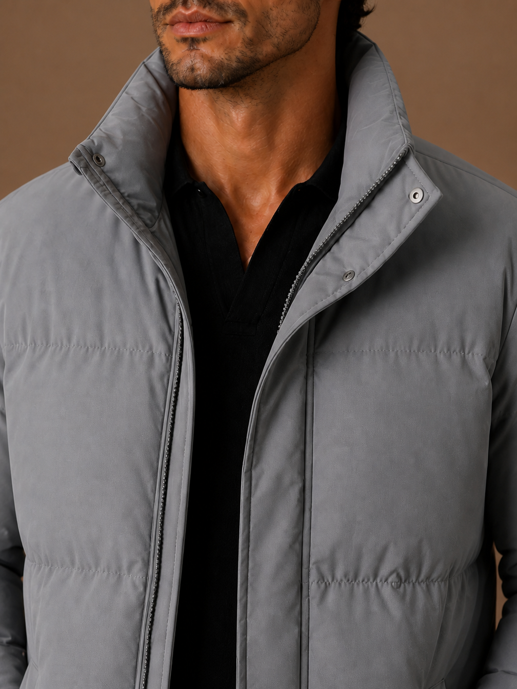 Men's Oversized Puffer Jacket Quilted Winter Coat for Layering - Grey - Detail Close-Up [AI-OPT:177452e8-c799-4ec9-9544-2f9f4b234262]