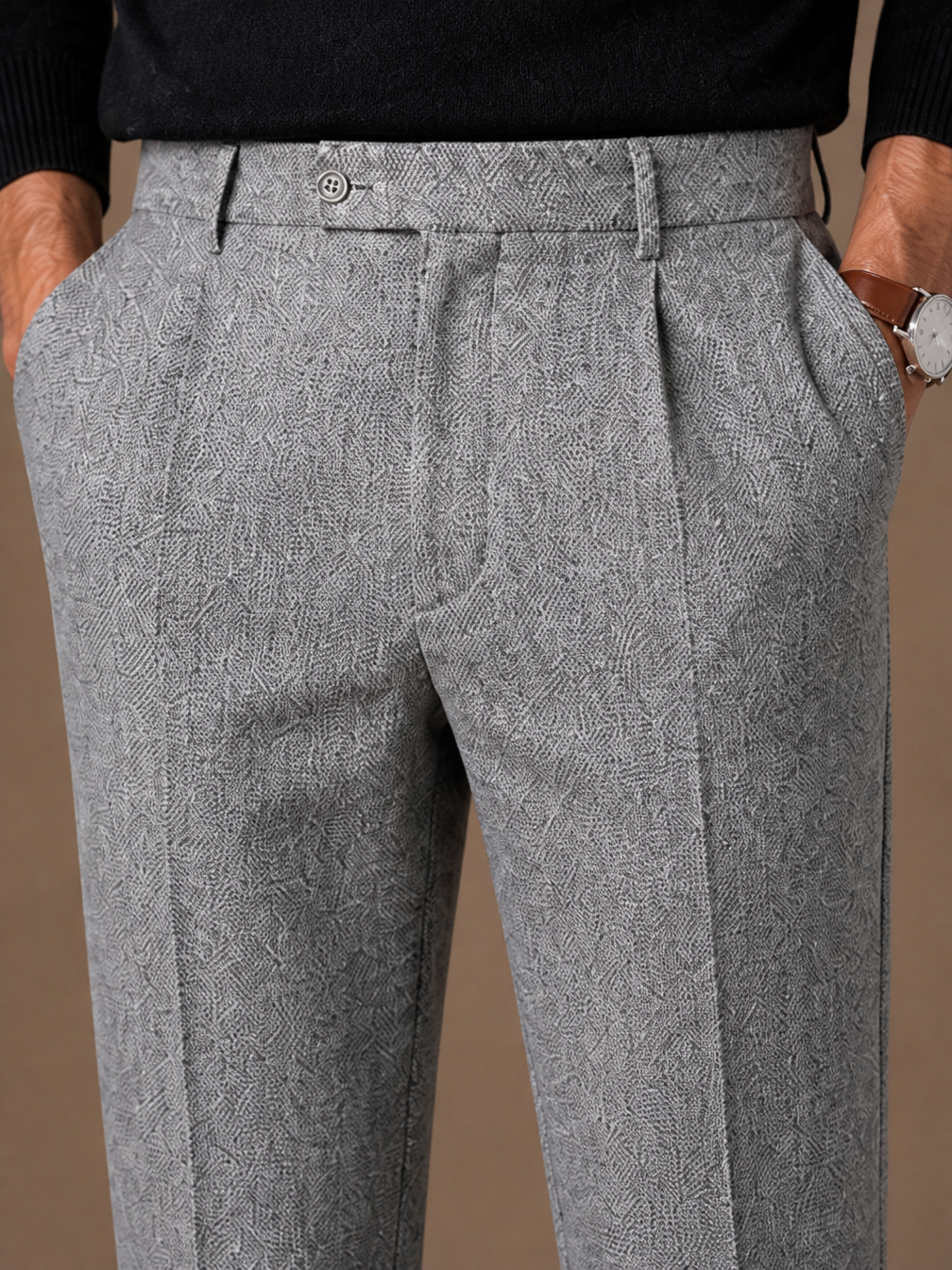 Men’s Tailored Fit Wool Trousers - Slim Fit Knit Pants for Casual Wear and Office - Grey - Detail Close-Up [AI-OPT:c0d61e8c-f383-4014-b979-17f5c31485c6]