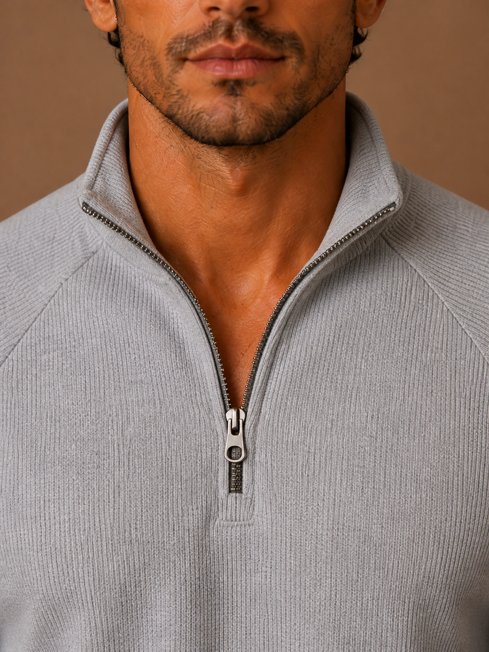 Men's Quarter-Zip Fleece Sweatshirt with Stand Collar- Ribbed Texture Zipper Jumper - Grey - Detail Close-Up [AI-OPT:e8a94d7b-be16-4531-80ca-7663c79317a5]