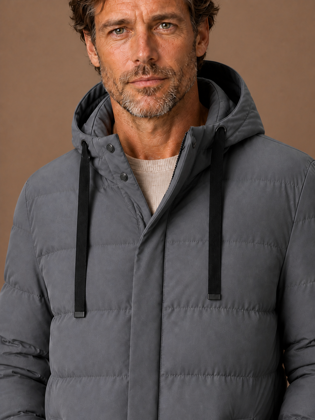 Men's Long Hooded Puffer Jacket Insulated Winter Coat - Grey - Detail Close-Up [AI-OPT:5fef74ec-13ac-4f1b-9037-37d396d3d026]