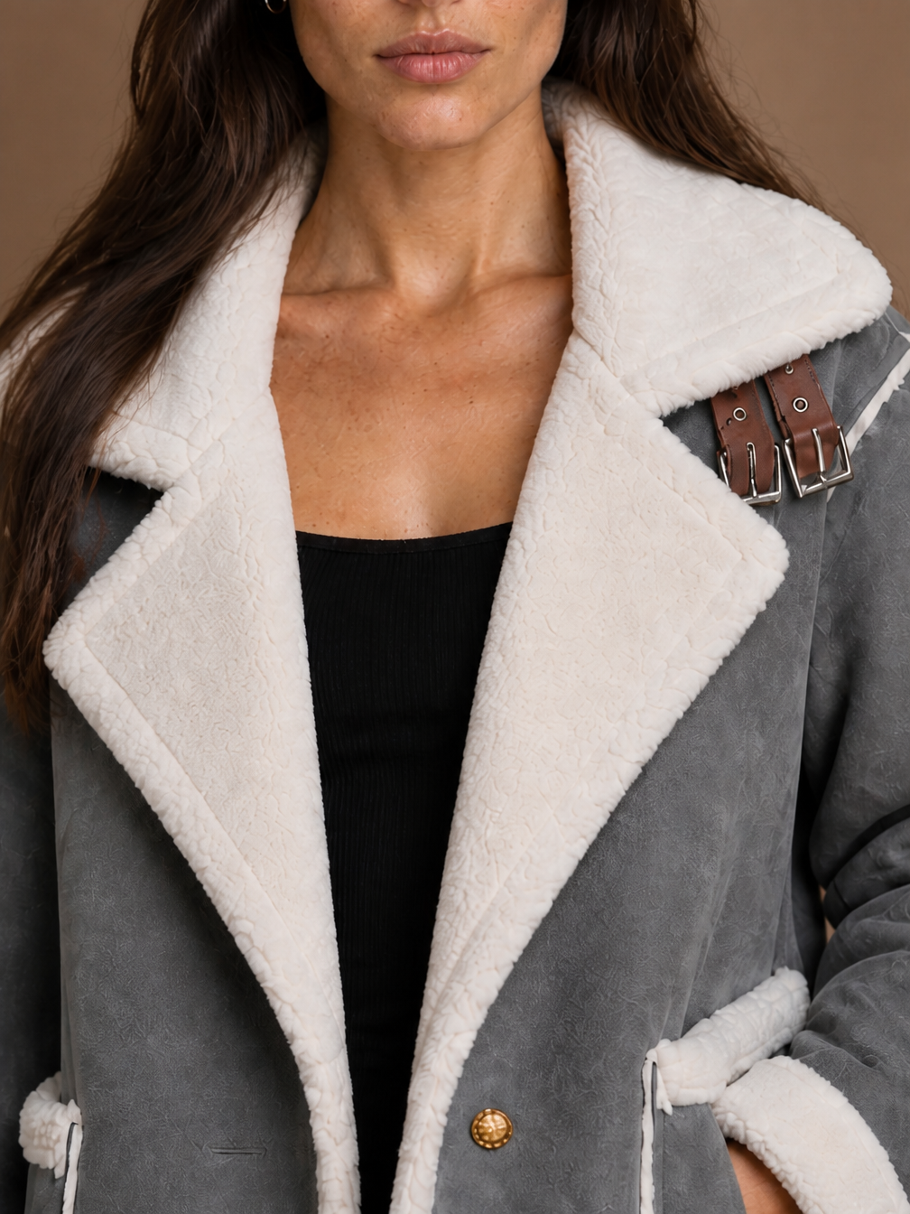 Women's Aviator Jacket with Signature Collar, Zip Front and Tailored Fit - Grey - Detail Close-Up [AI-OPT:b98b0eae-d363-4583-aea9-4c76a16236cc]