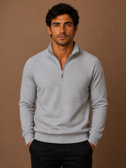Men's Quarter-Zip Fleece Sweatshirt with Stand Collar- Ribbed Texture Zipper Jumper - Grey