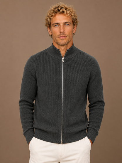 Men’s Ribbed Full Zip Cardigan with Stand Collar – Knitted Sweater for Autumn and Winter - Grey