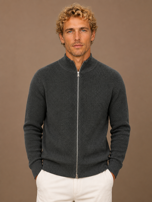 Men’s Ribbed Full Zip Cardigan with Stand Collar – Knitted Sweater for Autumn and Winter - Grey