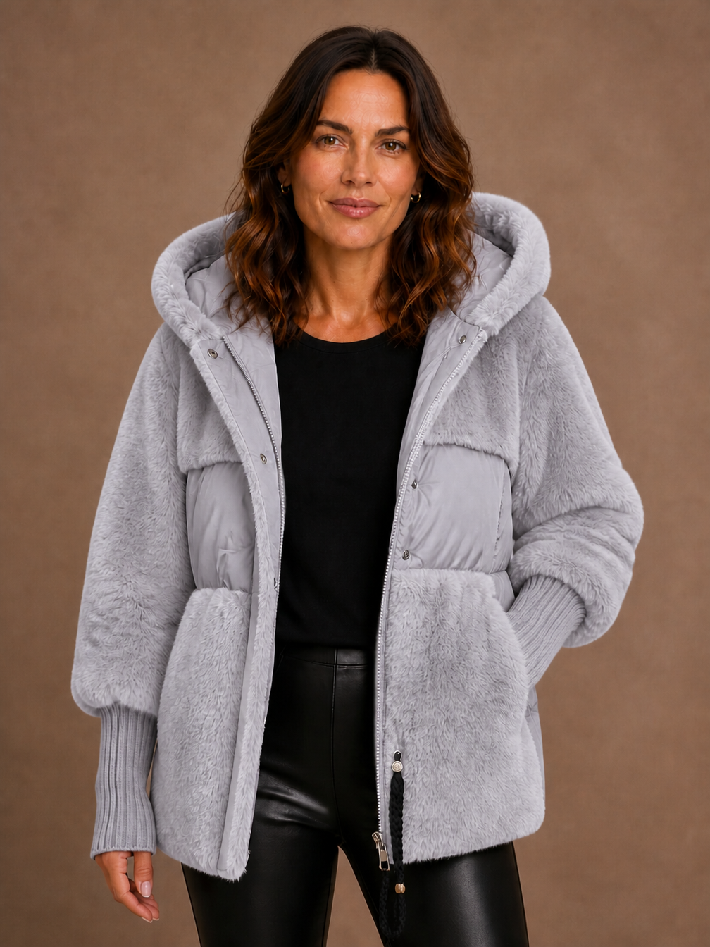 Women's Plush Hooded Winter Coat with Faux Fur Panels and Quilted Detail - Grey