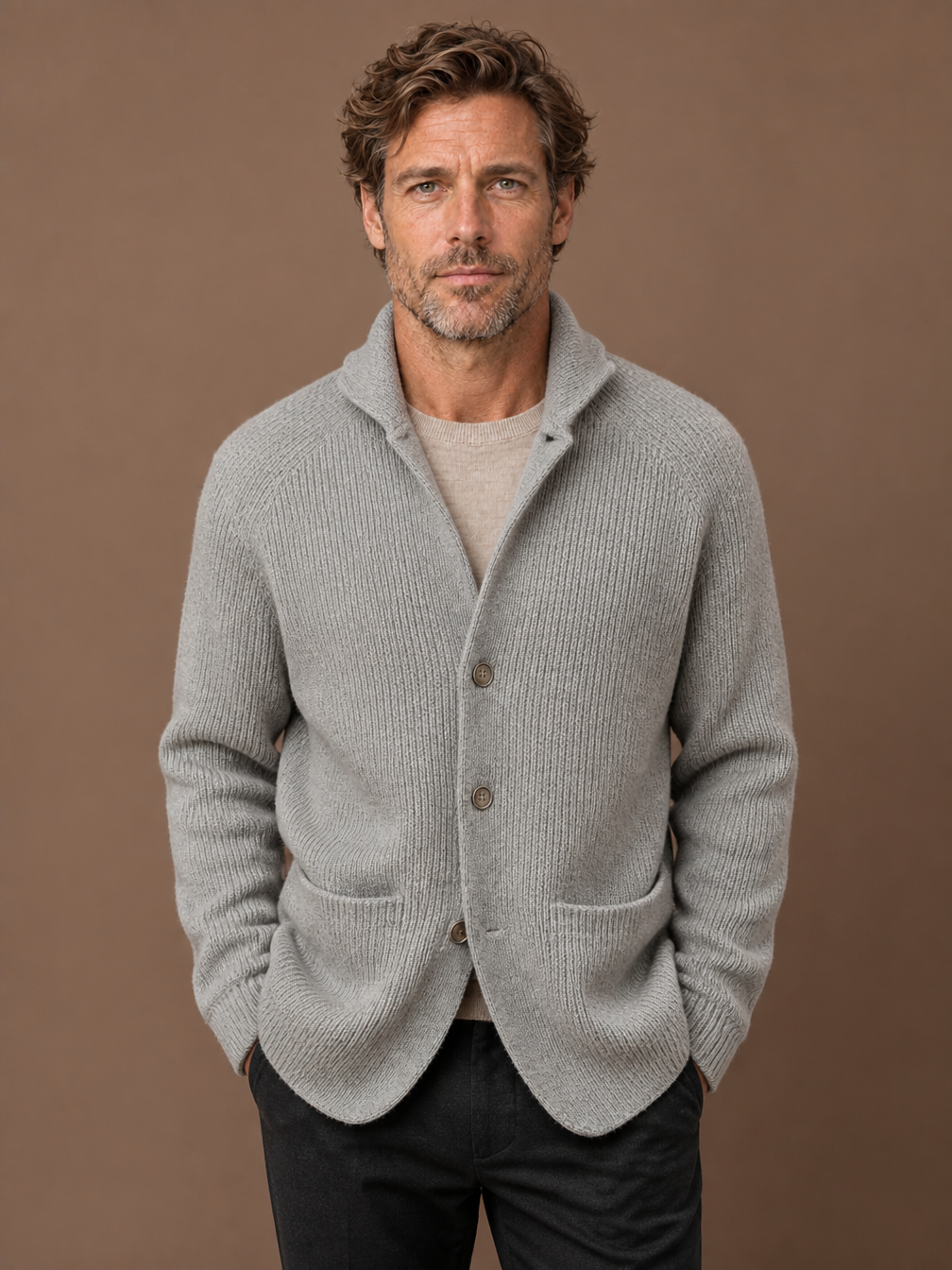 Men's Ribbed Wool Blend Cardigan - Vest with Shawl Collar and Pockets - Grey