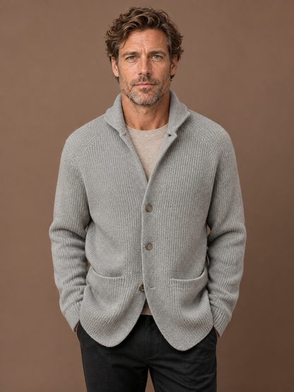 Men's Ribbed Wool Blend Cardigan - Vest with Shawl Collar and Pockets - Grey
