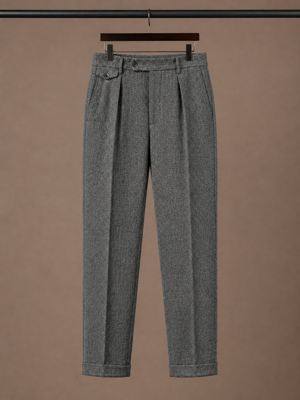 Men's Herringbone Pleated Tailored Trousers Straight Leg Smart Fit - Grey - Hanger View [AI-OPT:5151c376-3595-4177-b5cf-06da86fbae89]